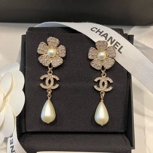 Chanel NWT 2023 “Camellia” Statement CC Earrings with Large Pearl Teardrop